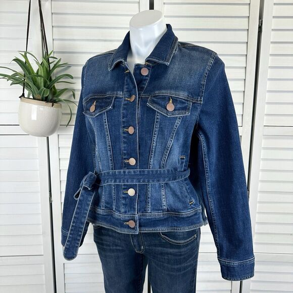 cabi 5662 Dylan Denim Jean Jacket‎ Dark Greenwich Wash Tie Belt Fringe Size M - Picture 1 of 10
